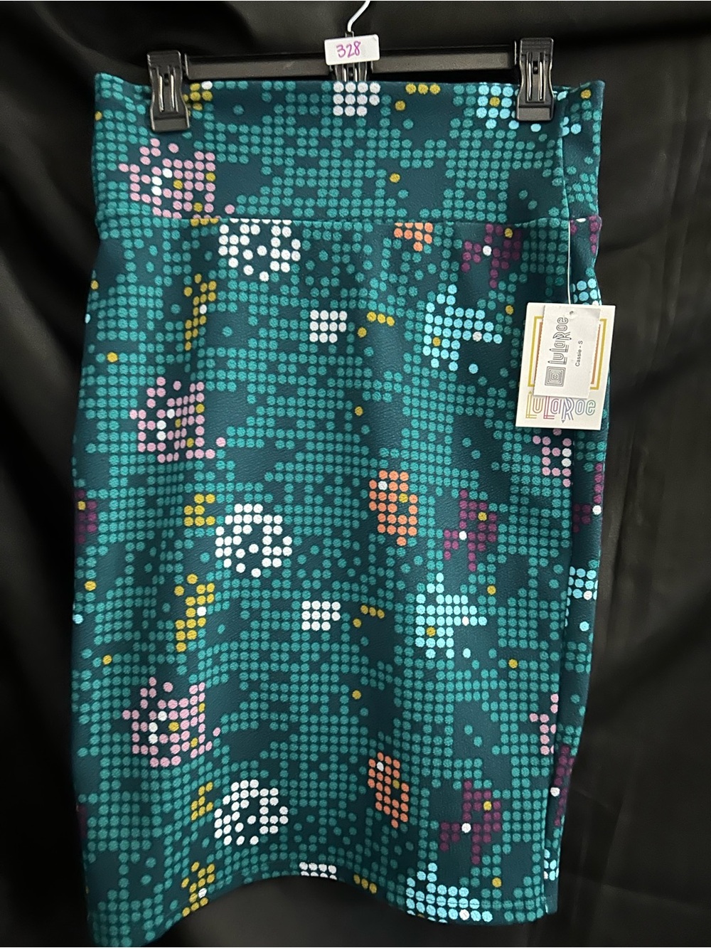 LuLaRoe Cassie Teal Pixel Polka Dot Floral Pencil Skirt Small NWT